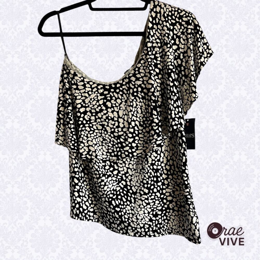 Chaps Womens XL NWT Black White Leopard Print Ruffle One Shoulder Top